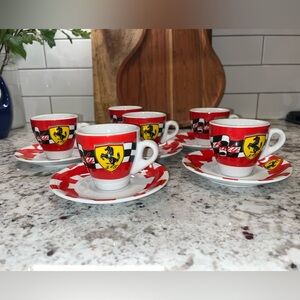 Set of 6 Lorenzo Ferrari Espresso Cups & Saucers Red Checkered F1 Racing Italy